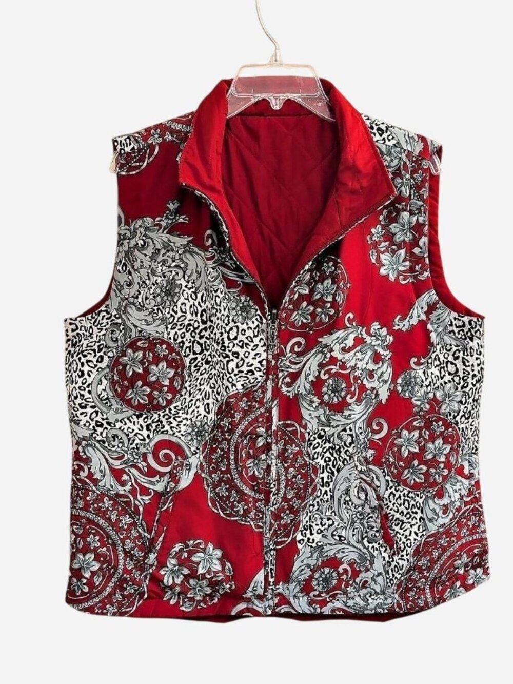 Casual Identity Reversible Quilted Vest Red Gray Paisley – Size XL
